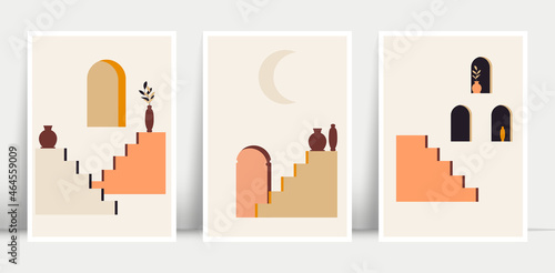 Abstract stair posters with jugs and plants. Mid century architecture boho art print, wall decor, contemporary social media stories, covers. Vector illustration.