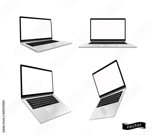 Vector realistic Laptop computer mockup. Laptop computer frame with blank display isolated templates, Laptop computer different angles views. Vector illustration. EPS 10.