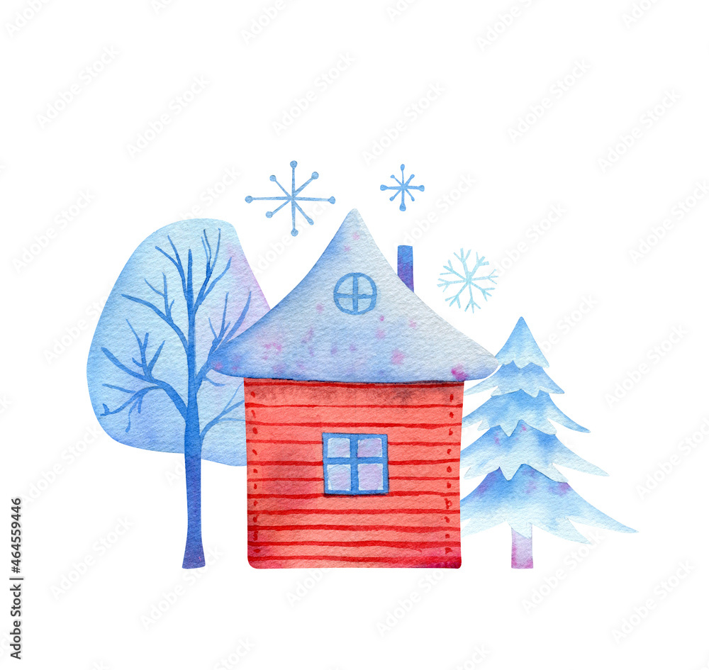 Watercolor illustration with house with chimney, hoarfrost tree, christmas tree, snowflakes for greeting cards design, posters, new year decor Watercolor illustration with house with chimney, hoarfrost tree, christmas tree, snowflakes for greeting cards design, posters, new year decor