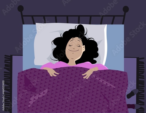 Woman calmly smiles in her sleep, view from top, EPS 8 vector illustration