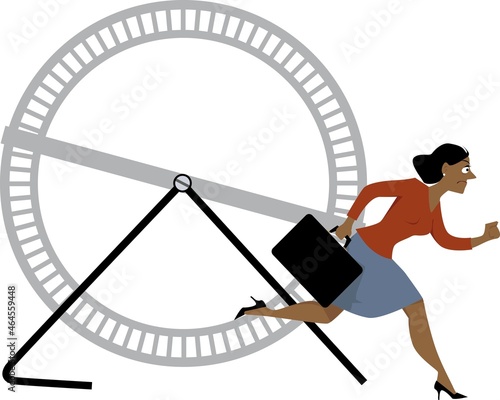 Business woman stepping off the hamster wheel as a metaphor for resigning, EPS 8 vector illustration