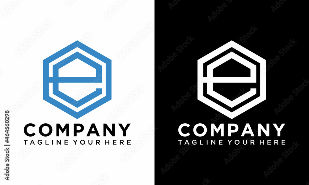 Initial Letter e Logo, Geometric hexagonal Line, Flat Design Logo Template, vector illustration on a black and white background. Initial Letter e Logo, Geometric hexagonal Line, Flat Design Logo Template, vector illustration on a black and white background.