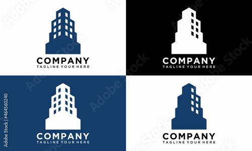 Abstract Tower, building, Architecture, condominium ,logo, symbol, icon, graphic, vector. on a black, blue and white background.