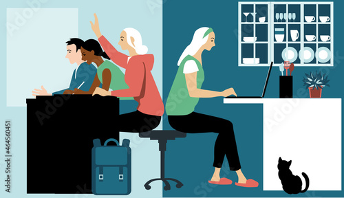Young adults participating in hybrid learning, sharing their time between in-person classes and studying online from home, EPS 8 vector illustration photo