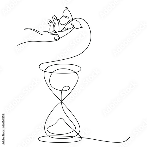 continuous drawing with one line of an hourglass and a hand with a butterfly on the finger. The concept of time, beauty