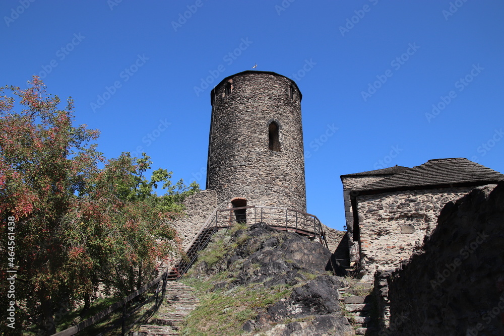 A view to the tower and the ruins of castle Strekov on the great rock near Usti nad Labem, Czech republic