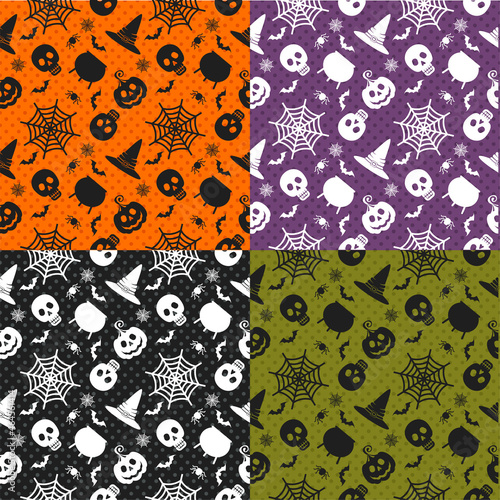 Halloween seamless patterns set. Color background with icons