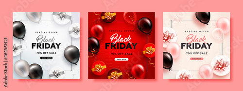 Set of black friday square sale banner with realistic glossy balloons, gift box and discount text. Vector illustration photo
