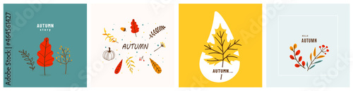Minimalist autumn backgrounds vector set. Fall banners with minimal leaves, trees, plant twigs, pumpkin, berries for ad, social media design in simple trendy flat style