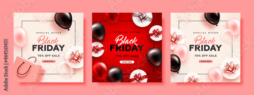 Set of black friday square sale banner with realistic glossy balloons, gift box and discount text. Vector illustration