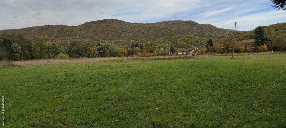 Obraz premium Beautiful panoramic view of the meadow and the hill with autumn trees.