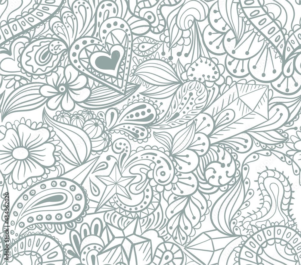 Vector abstract background with floral elements, star, lace. Decorative seamless pattern for coloring book or print on fabric.