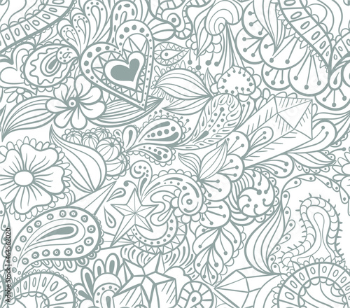 Vector abstract background with floral elements, star, lace. Decorative seamless pattern for coloring book or print on fabric.