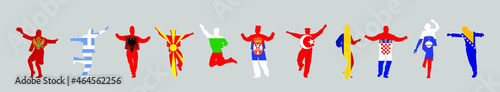 Balkan states flag folklore dancers vector illustration isolated on background: Albania, Bosnia, Bulgaria, Croatia, Greece, Kosovo, North Macedonia, Montenegro, Romania, Slovenia, Serbia, Turkey flag.