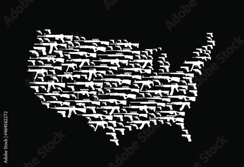 Set of rifles and guns over United States of America map vector silhouette illustration. USA map symbol. First amendment right concept. Powerful weapon collection with pistols and sniper rifles.
