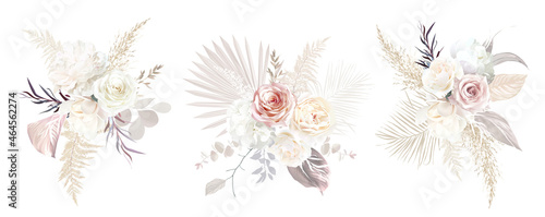 Ecru, white, blush pink rose, pale ranunculus, peony, magnolia, hydrangea, pampas grass, dried palm