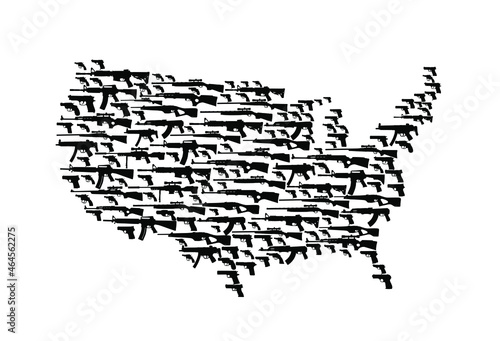 Set of rifles and guns over United States of America map vector silhouette illustration. USA map symbol. First amendment right concept. Powerful weapon collection with pistols and sniper rifles.