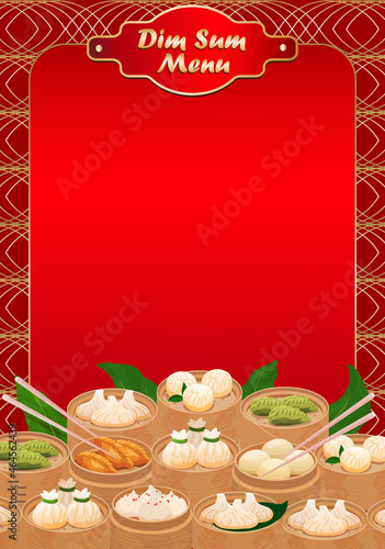 Dim Sum menu template page. Chinese dumplings menu restaurant template in traditional red style design. Dim Sum flyer. Various types of dimsum served in bamboo steamer baskets. Vector illustration