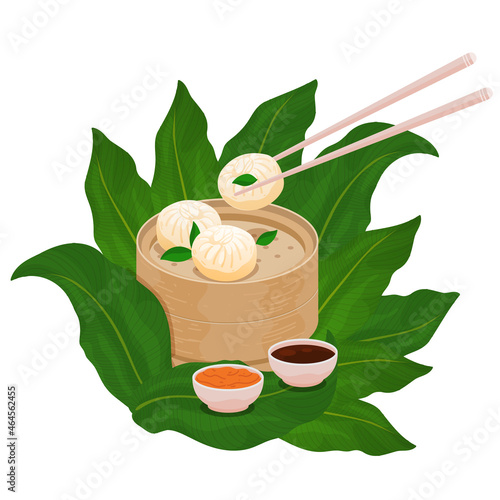 Dim Sum steamed buns. Baozi, Mantou, Momo, Khinkali. Chinese buns dim sum served in bamboo steamer basket with sauce and chopsticks. Vector illustration of asian dumpling with green palm leaves.