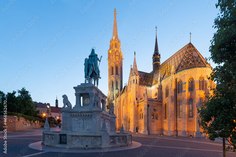 Roman Catholic St. Matthias Church or Mátyás templom in Budapest, Fisherman's Bastion at early evening. One of the main temples in Hungary.