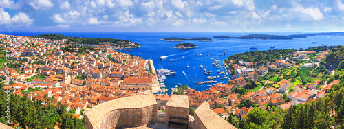 Coastal summer landscape, panorama from the fortress - top view of the town of Hvar, on the island of Hvar, the Adriatic coast of Croatia