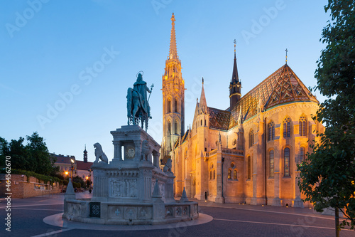 Roman Catholic St. Matthias Church or Mátyás templom in Budapest, Fisherman's Bastion at early evening. One of the main temples in Hungary. photo