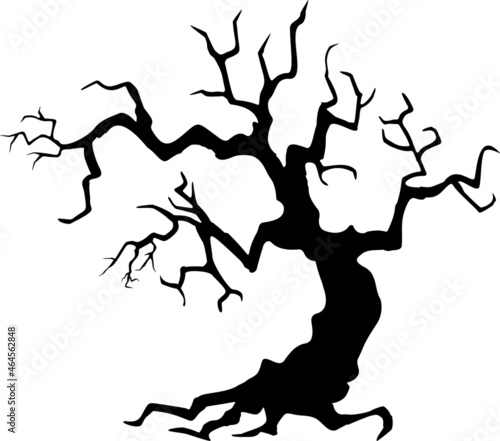 Black silhouette of a gnarled dry tree on a white background.