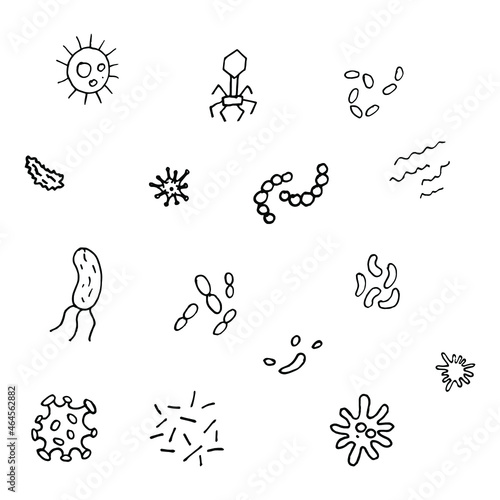 Virus, bacteria or microbe outline icons set. Microbiological virus and contagion infection bacteria set hand draw. View through a microscope