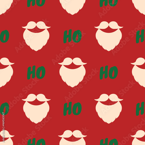 Christmas pattern. Vector seamless background with a beard, moustache and text Ho Ho Ho. Traditional colors. Festive design for poster backdrop, gift wrappers, textile, fabric. Red, green, shampagne.