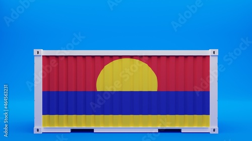Side View Shipping Container on Blue Background with the Flag of Palmyra Atoll