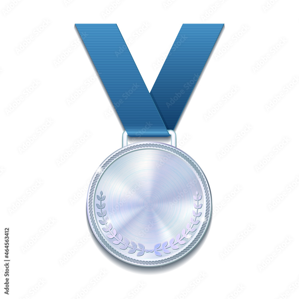Champion silver medal with with a concentric circle texture pattern and blue ribbon. Champion silver medal with with a concentric circle texture pattern and blue ribbon.