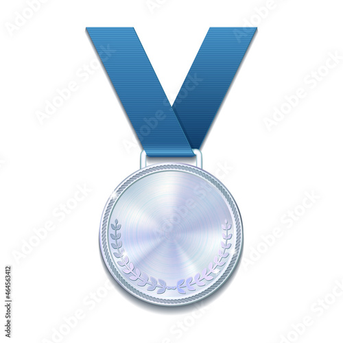 Champion silver medal with with a concentric circle texture pattern and blue ribbon.