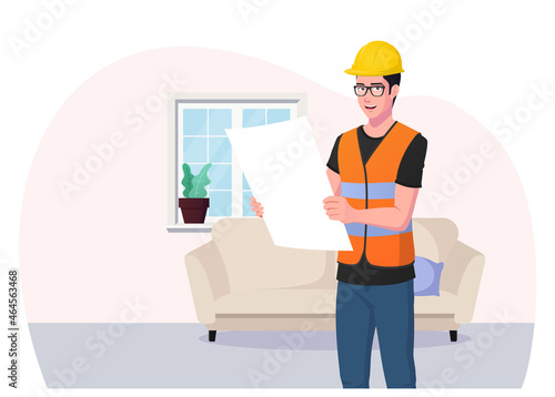 Cartoon Architect, Contractor Character Holding House Plan Concept premium Vector