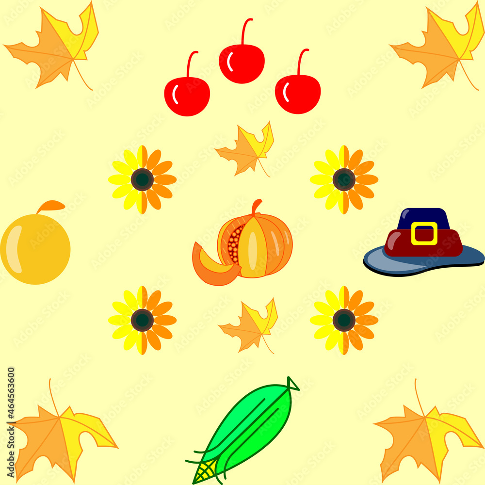 autumn seamless pattern, element orange, pumpkin, hat, apple, sunflower, and corn autumn seamless pattern, element orange, pumpkin, hat, apple, sunflower, and corn