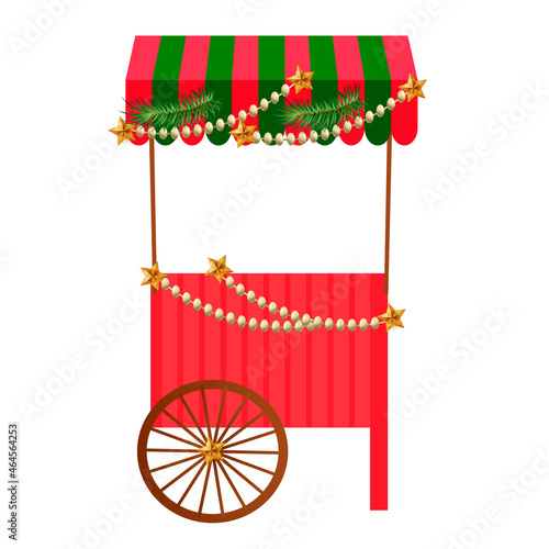 Street market stall and stalls, stall for Christmas fair. Mobile anti-insulated. Under the roof with Christmas decorations. Fixed and mobile counters. Cartoon style, fairs, advertisements, banners, in