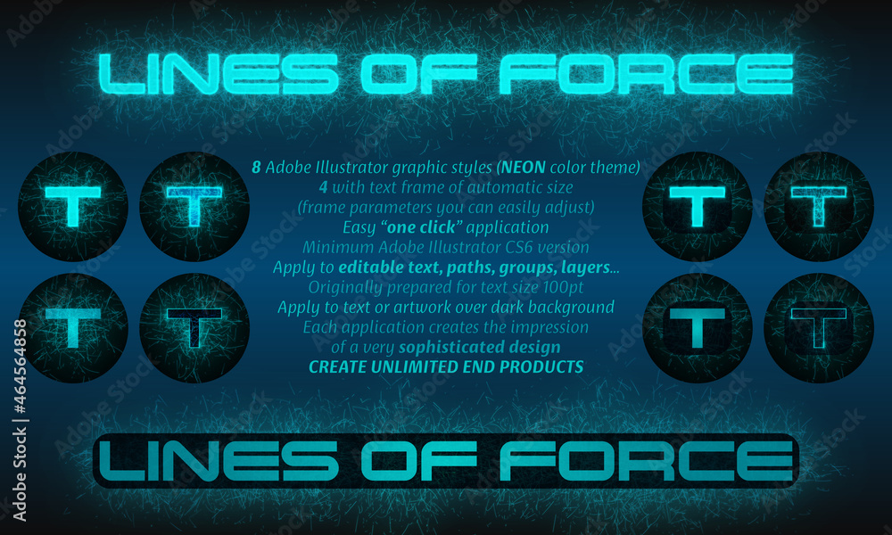 Text with lines of force background (Neon color theme). 8 Adobe Illustrator graphic styles