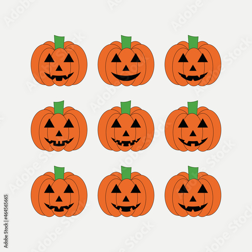 Orange Pumpkins Smiling for Halloween Holiday. Set of Halloween pumpkin funny faces Autumn holidays. Vector illustration