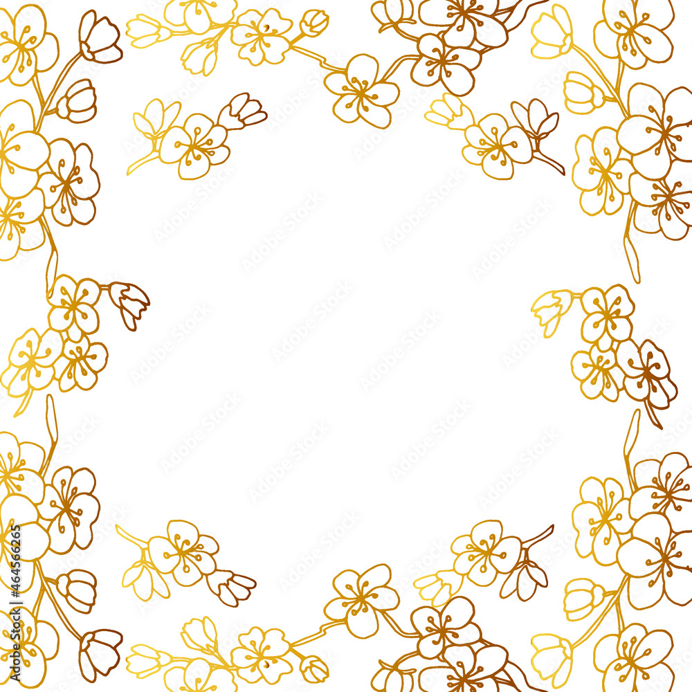 Elegant seamless pattern with hand drawn sakura. Golden flower frame with free space for text, can be used as template for cards and invitations, fabrics, wallpaper. Vector illustration. Elegant seamless pattern with hand drawn sakura. Golden flower frame with free space for text, can be used as template for cards and invitations, fabrics, wallpaper. Vector illustration.
