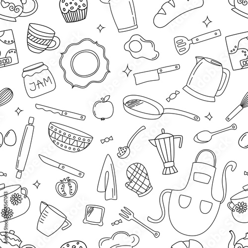 Set of doodles seamless pattern on the theme of kitchen and tableware. Hand drawn plates and food in black.