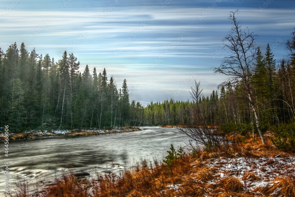 Very long exposure shot of Mala river in Mala-Storforsens nature reserve in Sweden