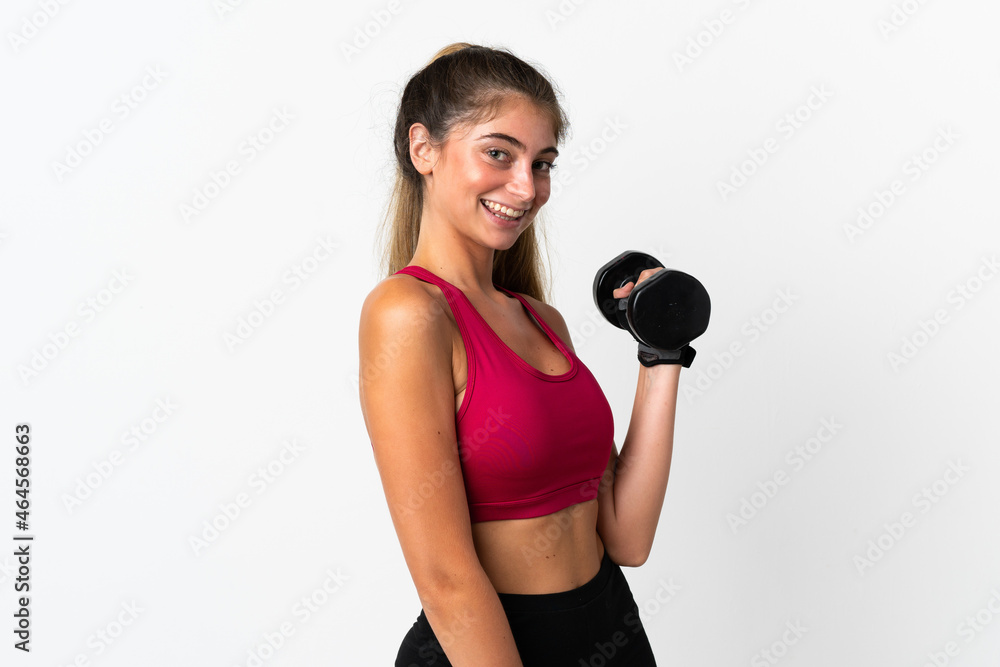 Young caucasian woman isolated on white background making weightlifting Young caucasian woman isolated on white background making weightlifting