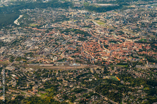 Scenic view on central part of Vilnius capital of Lithuania from hot air balloon. Old Town view from the sky