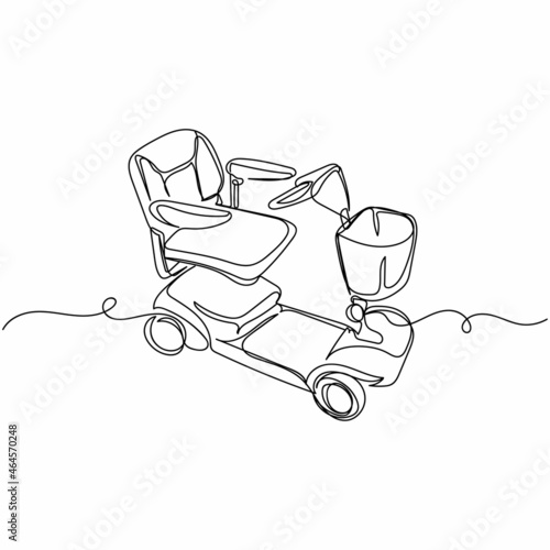 Vector continuous one single line drawing icon of wheel mobility scooter in silhouette on a white background. Linear stylized.