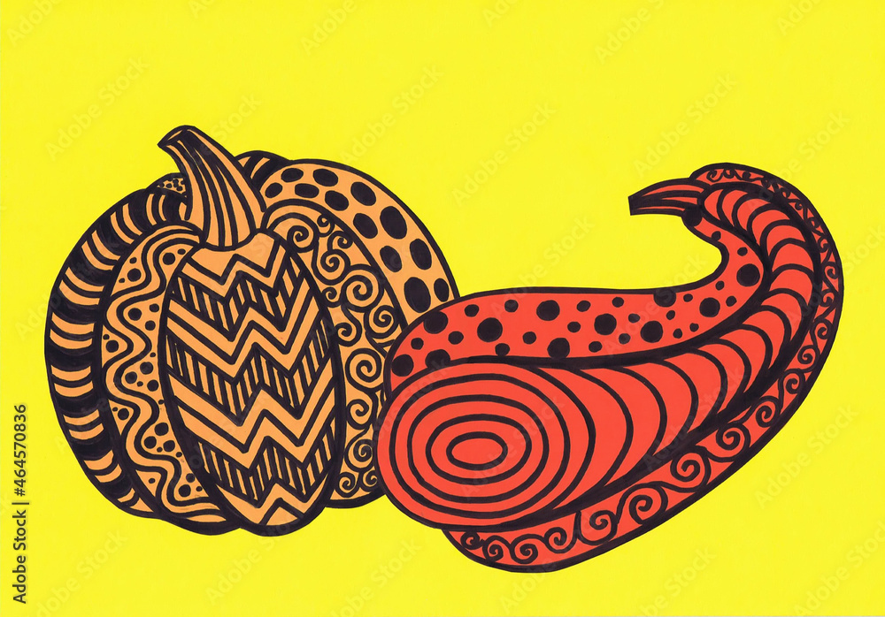 Two patterned pumpkins on a yellow background. Color graphics