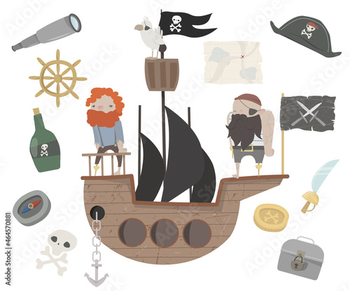 Pirate accessories flat icons collection with wooden treasure chest and black jolly roger flag abstract vector illustration.
