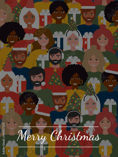 Diverse people with colourful gift boxes and Christmas tree vector illustration. Cartoon characters, flat style. Merry Christmas concept.
