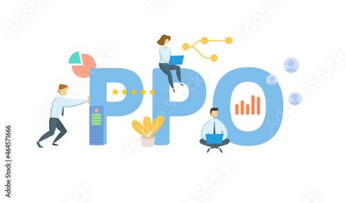 PPO, Preferred Provider Organization. Concept with keyword, people and icons. Flat vector illustration. Isolated on white.