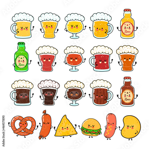 Funny types of beer and snack characters bundle set. Vector hand drawn doodle style cartoon character illustration icon design. Cute beer, pretzel, sausage, hamburger, nachos and chips