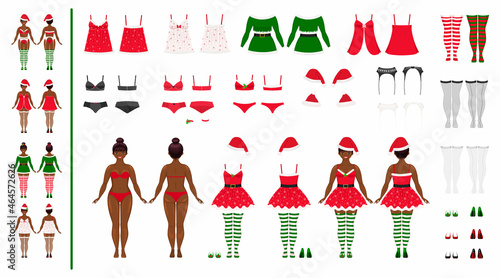 Cute african american young woman large size, dressed in Christmas underwear. Front and back views.  Body positive. Cartoon flat style. Vector illustration