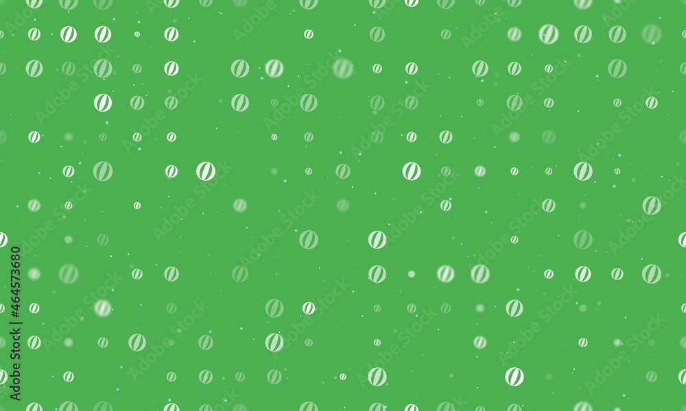 Seamless background pattern of evenly spaced white beach ball symbols of different sizes and opacity. Vector illustration on green background with stars